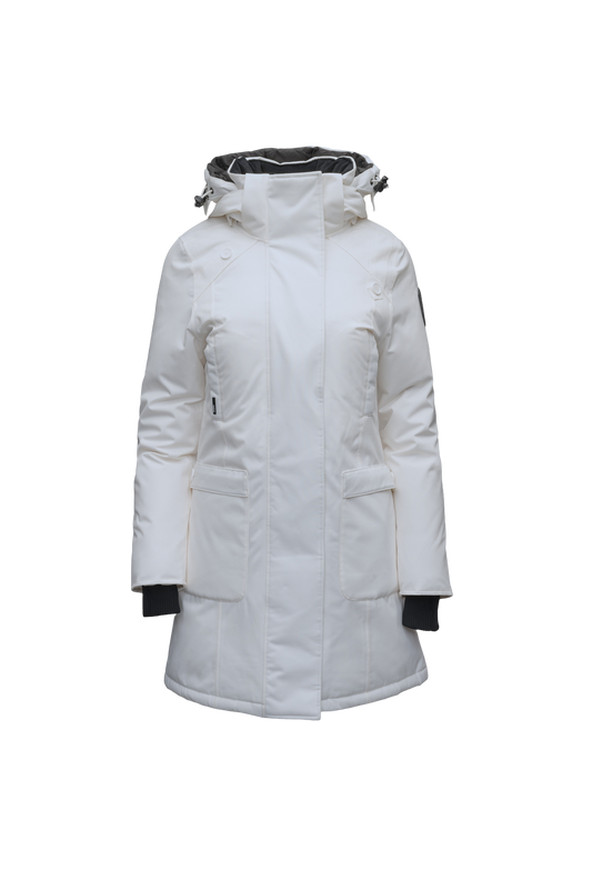 Merideth Furless Ladies Parka in thigh length, Canadian white duck down insulation, removable down-filled hood, centre-front two-way zipper with magnetic wind flap closure, four exterior pockets, and elastic ribbed cuffs, in Light Grey + Light Grey