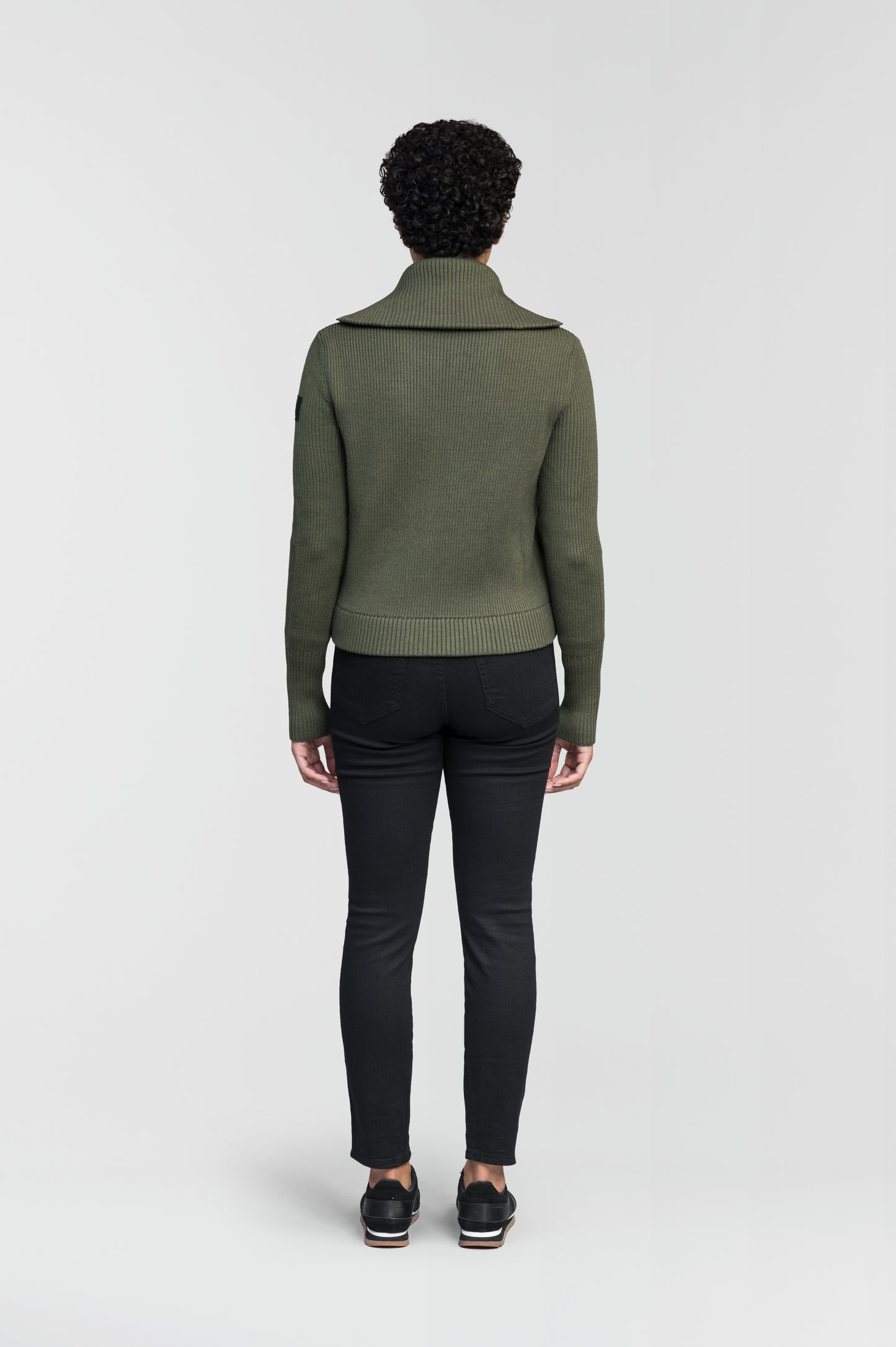 Ada Ladies Quilted Full Zip Sweater in hip length, PrimaLoft Gold Insulation Active+, Durable 4-Way Stretch Weave quilted torso, Merino wool knit collar, sleeves, back, and cuffs, two-way front zipper, and hidden waist pockets, in Fatigue