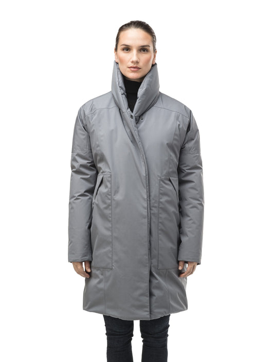 Women's down filled parka with cocoon silhouette and a beautiful shawl collar in Concrete + Concrete