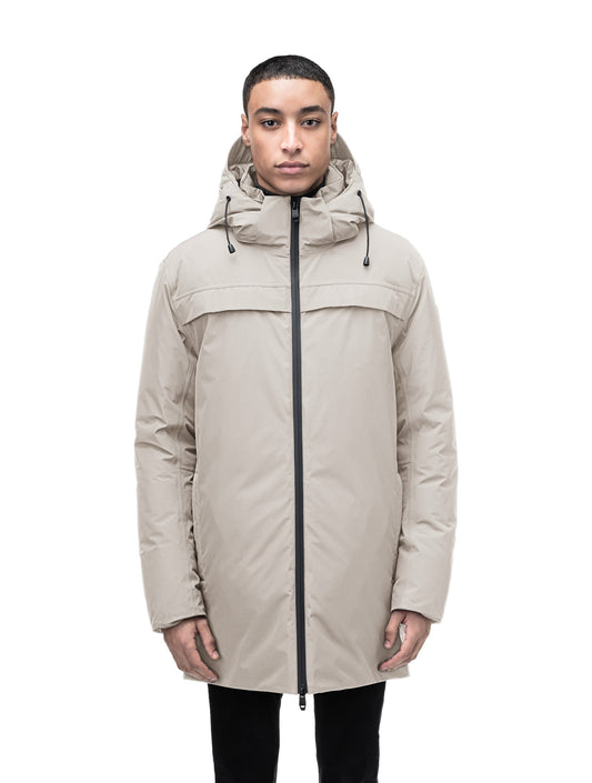Atlas Men's Performance Parka in thigh length, Canadian duck down insulation, removable hood, and two-way zipper, in Clay + Clay