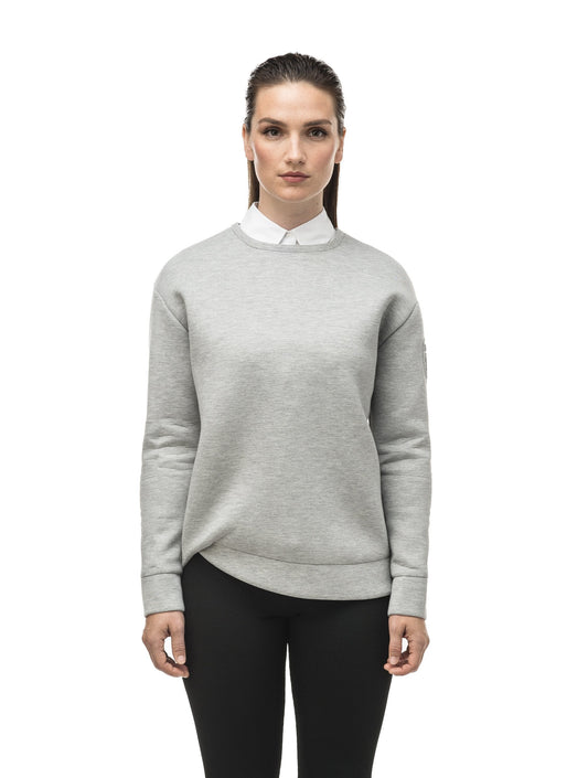 Classic women's crew neck pullover with fold over hem detail in Grey Melange + Grey Melange