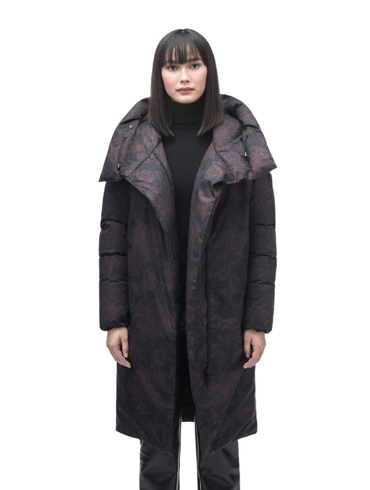 Axis Ladies Oversized Coat in knee length, Canadian duck down insulation, and two-way front zipper, in Dark Floral + Dark Floral