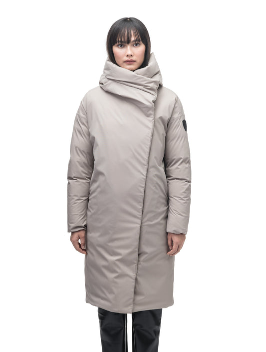 Axis Ladies Oversized Coat in knee length, Canadian duck down insulation, and two-way front zipper, in Clay + Clay