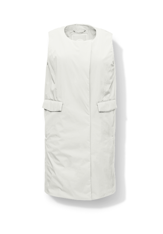 Brexton Women's Tailored Long Mid Layer Vest in knee length, centre front wind flap, flap closure waist pocket with additional side entry storage, single vent on back bottom hem, in Chalk + Chalk