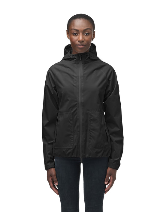Women's hip length waterproof jacket with non-removable hood and two-way zipper in Black + Black
