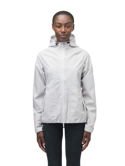 Women's hip length waterproof jacket with non-removable hood and two-way zipper in Light Grey + Light Grey