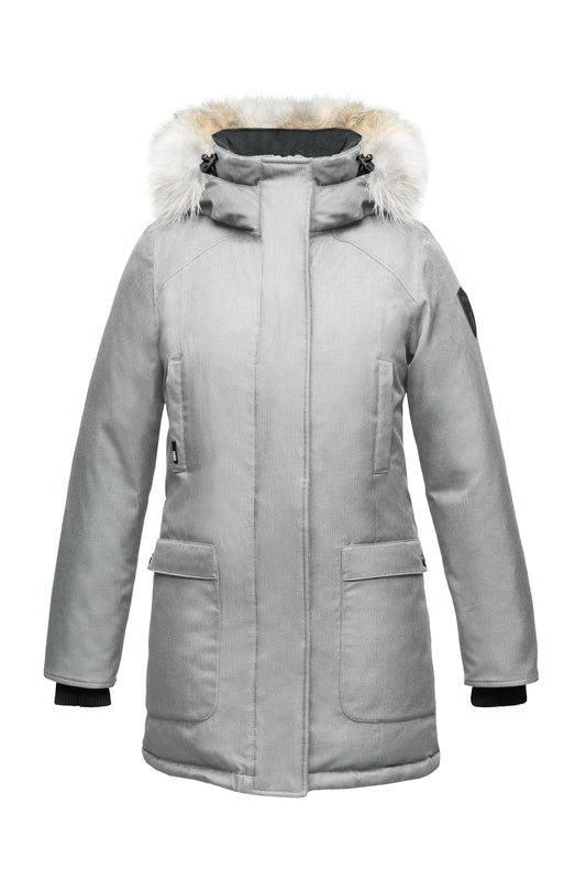 Women's down filled parka that sits just below the hip with a clean look and two hip patch pockets in Light Grey + Light Grey