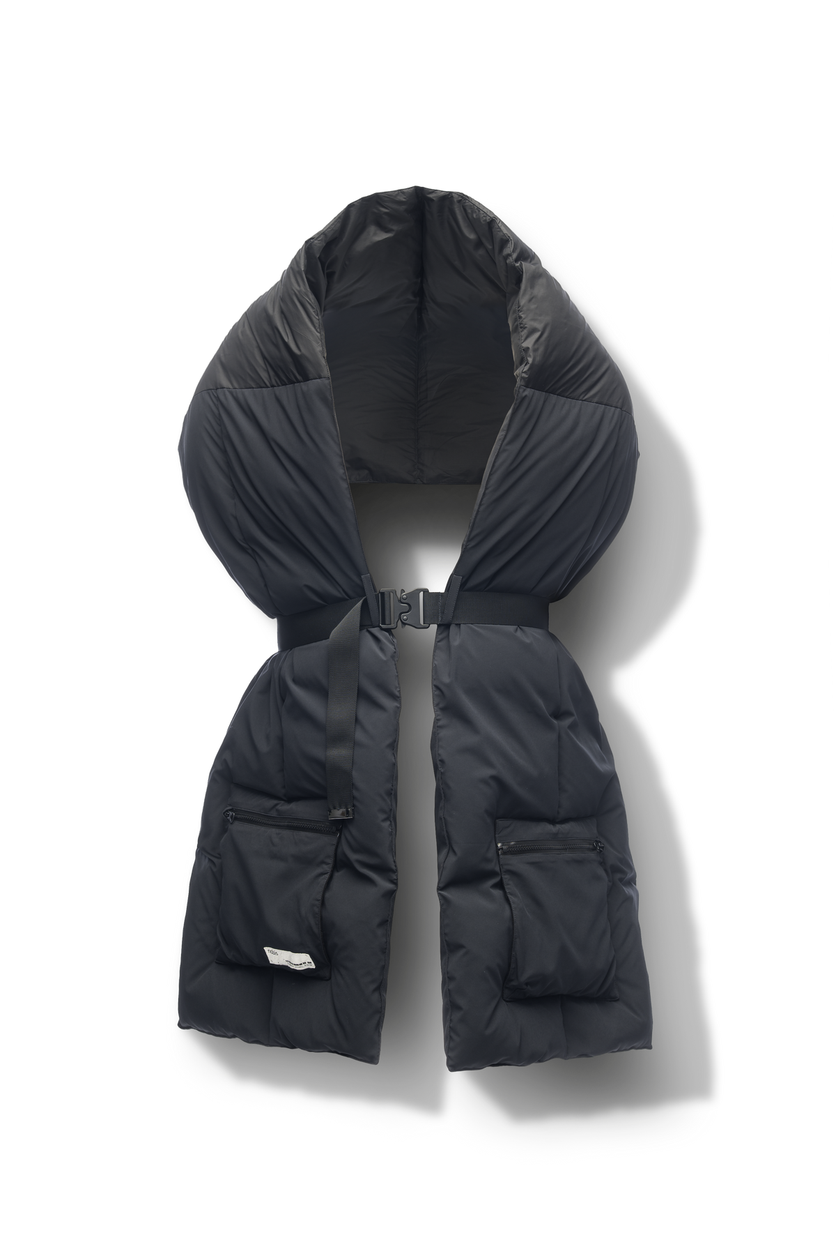 Chroma Unisex Oversized Puffer Scarf in stretch ripstop and taffeta nylon in a quilted pattern, Canadian White Duck Down insulation, cobra buckle belt with webbing strap, and large zipper pocket at scarf end, in Black