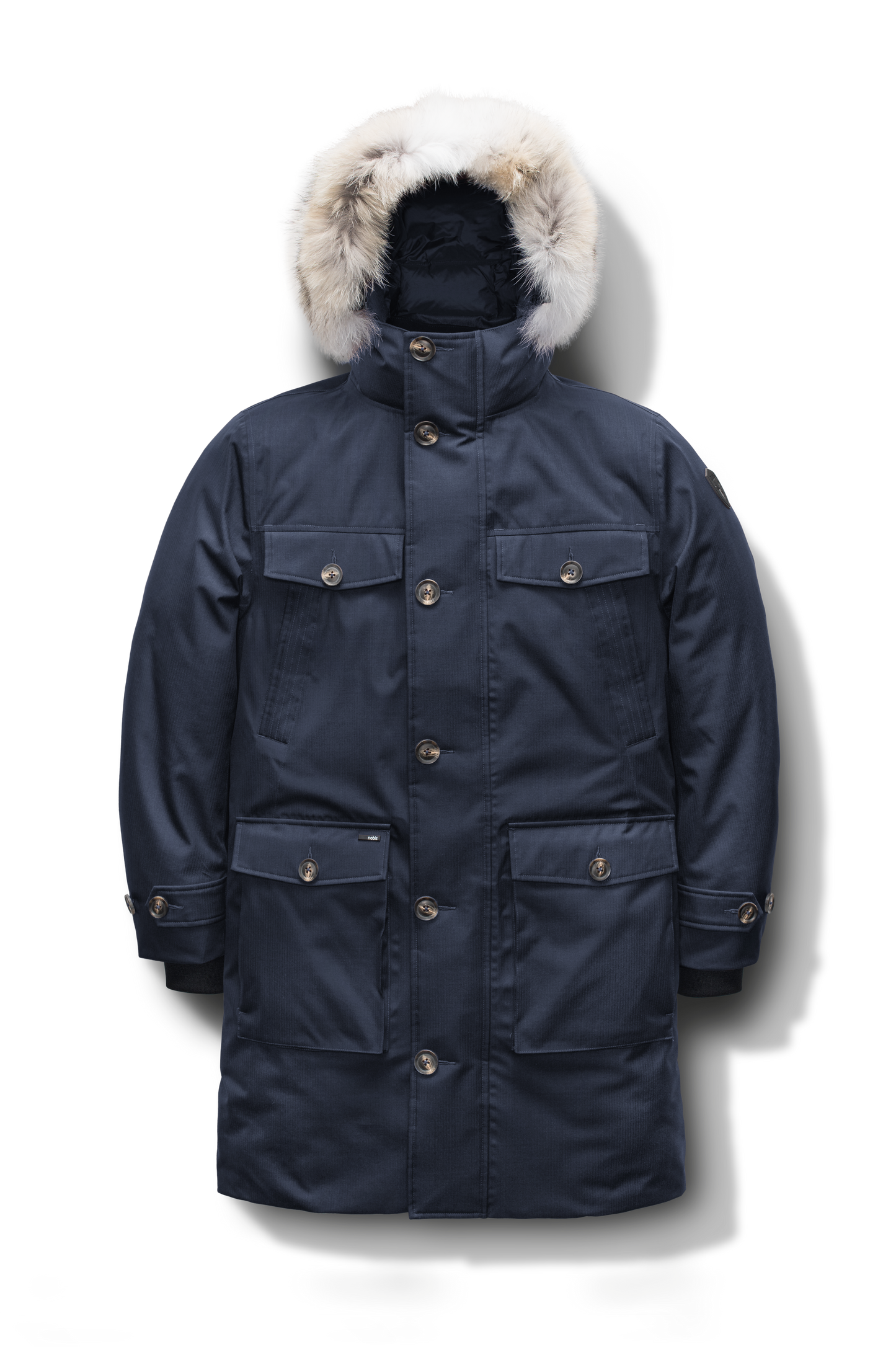 Citizen Men's Tailored Parka in knee length, Canadian duck down insulation, non-removable hood, and two-way zipper, in Navy