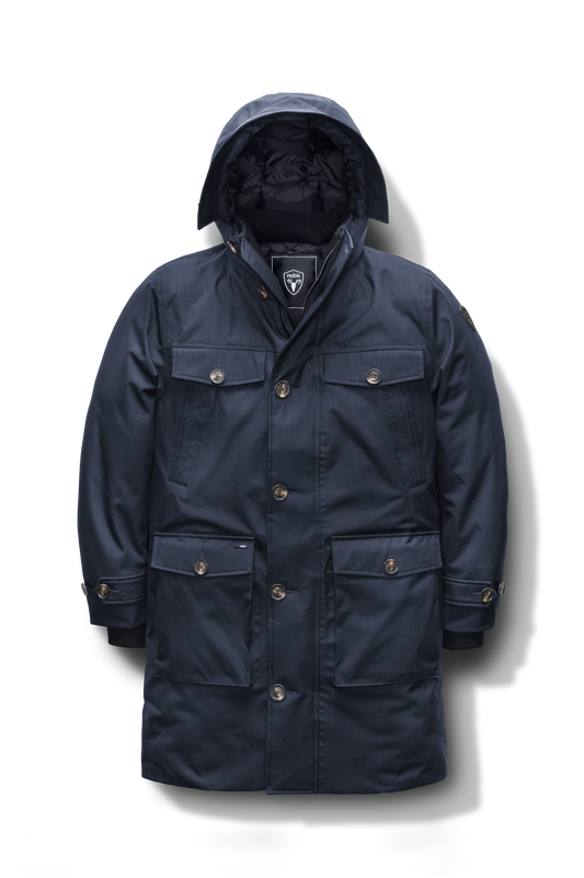 Citizen Men's Tailored Parka in knee length, Canadian duck down insulation, non-removable hood, and two-way zipper, in Navy + Navy