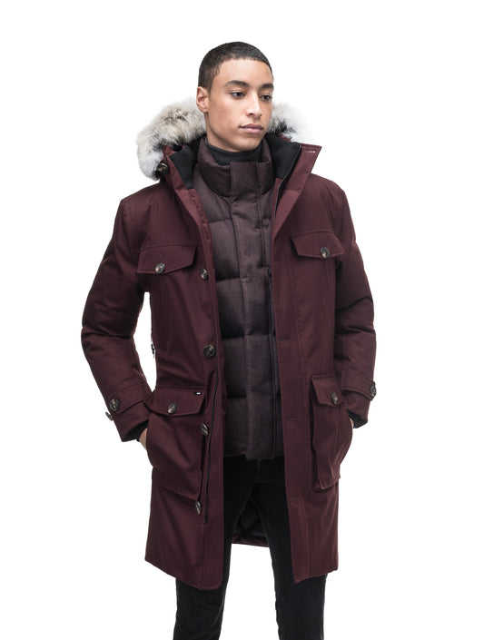 Citizen Men's Tailored Parka in knee length, Canadian duck down insulation, non-removable hood, and two-way zipper, in Merlot + Merlot