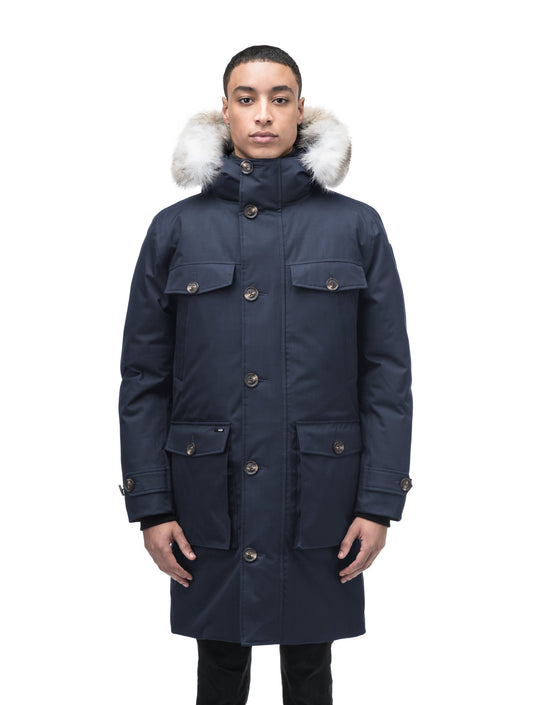Citizen Men's Tailored Parka in knee length, Canadian duck down insulation, non-removable hood, and two-way zipper, in Navy + Navy