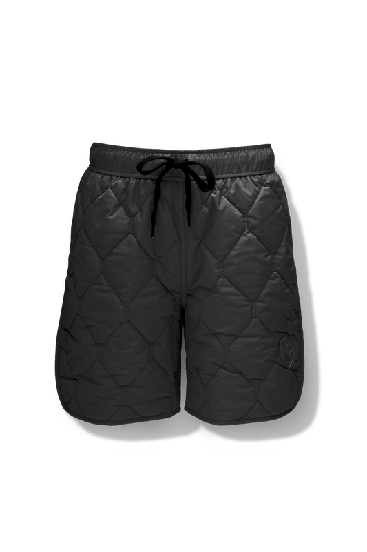 Curt Men's Performance Quilted Shorts at knee length, premium stretch nylon and stretch ripstop fabricaiton, premium 4-way stretch, water resistant Primaloft Gold Insulation Active+, side seam pockets, exteriror back pocket, elasticized waist with drawcords, and notch detailing at side seams, in Black + Black