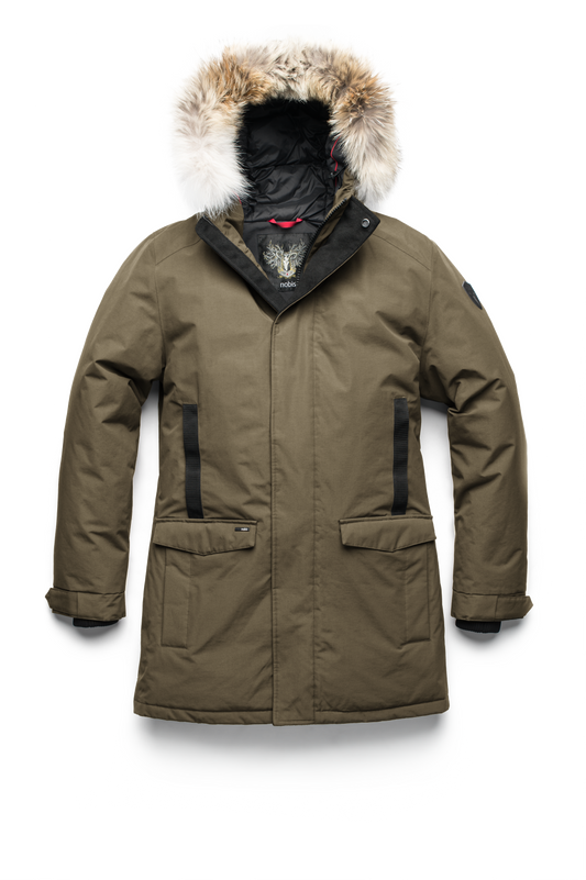 Lightweight men's parka with duck down fill and removable fur trim around the hood in Fatigue + Fatigue
