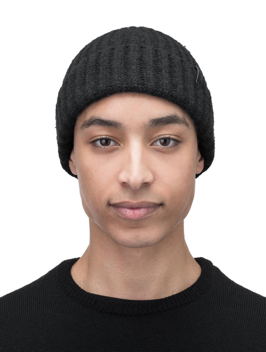 Dew Unisex Cable Knit Beanie in superfine merino wool and cashmere, and nobis leather label at cuff, in Black + Black