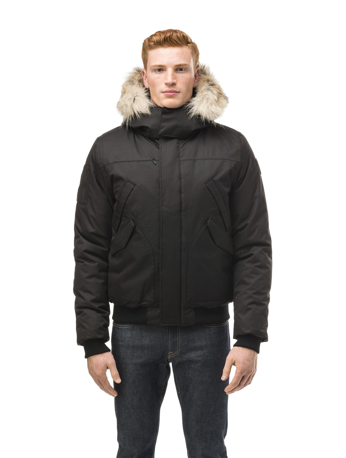 Men's classic down filled bomber jacket with a down filledÃƒÆ’Ã†â€™Ãƒâ€ Ã¢â‚¬â„¢ÃƒÆ’Ã‚Â¢ÃƒÂ¢Ã¢â‚¬Å¡Ã‚Â¬Ãƒâ€¦Ã‚Â¡ÃƒÆ’Ã†â€™ÃƒÂ¢Ã¢â€šÂ¬Ã…Â¡ÃƒÆ’Ã¢â‚¬Å¡Ãƒâ€šÃ‚Â hood that features a removable coyote fur trim and concealed moldable framing wire in Black