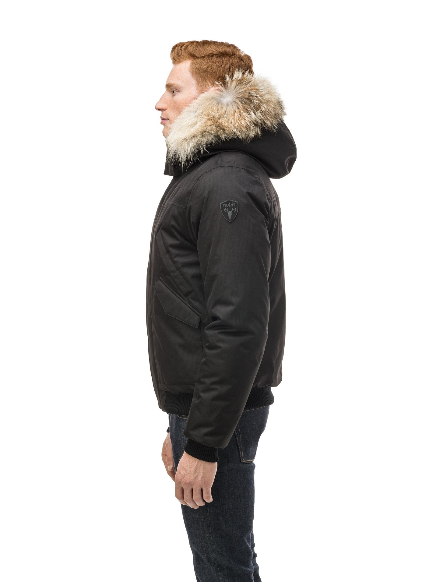 Men's classic down filled bomber jacket with a down filledÃƒÆ’Ã†â€™Ãƒâ€ Ã¢â‚¬â„¢ÃƒÆ’Ã‚Â¢ÃƒÂ¢Ã¢â‚¬Å¡Ã‚Â¬Ãƒâ€¦Ã‚Â¡ÃƒÆ’Ã†â€™ÃƒÂ¢Ã¢â€šÂ¬Ã…Â¡ÃƒÆ’Ã¢â‚¬Å¡Ãƒâ€šÃ‚Â hood that features a removable coyote fur trim and concealed moldable framing wire in Black
