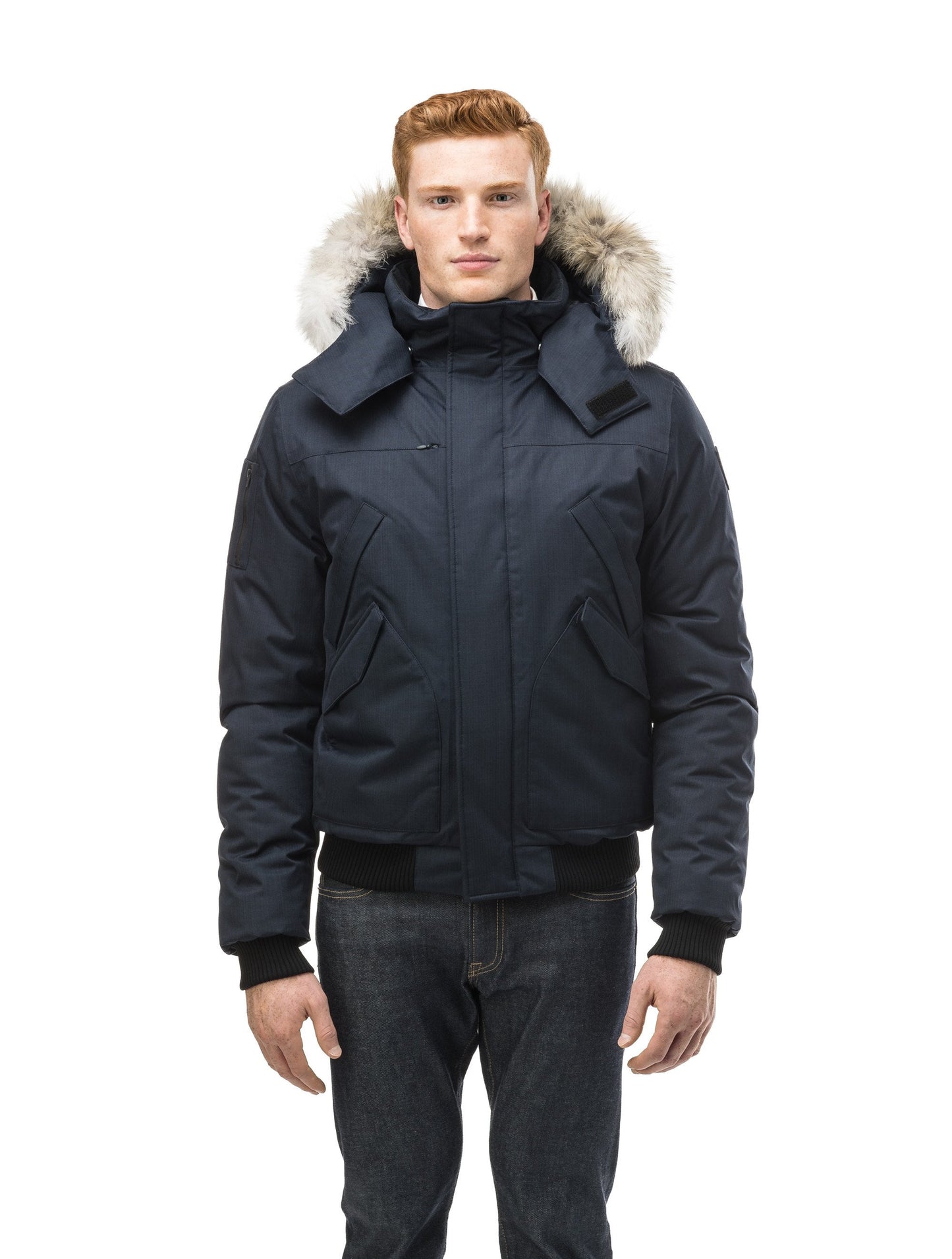 Men's classic down filled bomber jacket with a down filledÃƒÆ’Ã†â€™Ãƒâ€ Ã¢â‚¬â„¢ÃƒÆ’Ã‚Â¢ÃƒÂ¢Ã¢â‚¬Å¡Ã‚Â¬Ãƒâ€¦Ã‚Â¡ÃƒÆ’Ã†â€™ÃƒÂ¢Ã¢â€šÂ¬Ã…Â¡ÃƒÆ’Ã¢â‚¬Å¡Ãƒâ€šÃ‚Â hood that features a removable coyote fur trim and concealed moldable framing wire in Navy