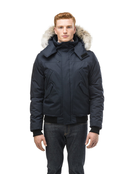 Men's classic down filled bomber jacket with a down filledÃƒÆ’Ã†â€™Ãƒâ€ Ã¢â‚¬â„¢ÃƒÆ’Ã‚Â¢ÃƒÂ¢Ã¢â‚¬Å¡Ã‚Â¬Ãƒâ€¦Ã‚Â¡ÃƒÆ’Ã†â€™ÃƒÂ¢Ã¢â€šÂ¬Ã…Â¡ÃƒÆ’Ã¢â‚¬Å¡Ãƒâ€šÃ‚Â hood that features a removable coyote fur trim and concealed moldable framing wire in Navy + Navy