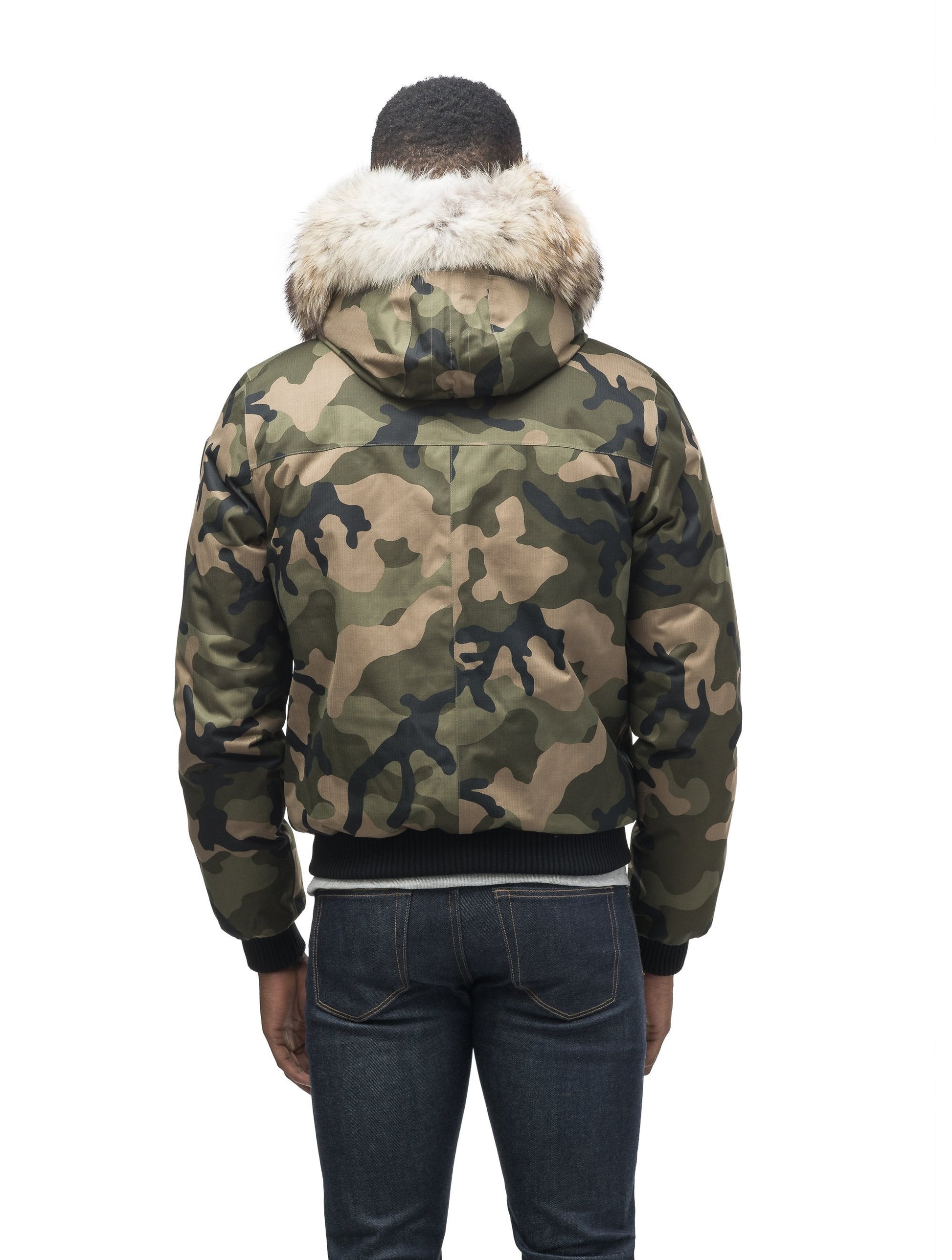 Men's classic down filled bomber jacket with a down filledÃƒÆ’Ã†â€™Ãƒâ€ Ã¢â‚¬â„¢ÃƒÆ’Ã‚Â¢ÃƒÂ¢Ã¢â‚¬Å¡Ã‚Â¬Ãƒâ€¦Ã‚Â¡ÃƒÆ’Ã†â€™ÃƒÂ¢Ã¢â€šÂ¬Ã…Â¡ÃƒÆ’Ã¢â‚¬Å¡Ãƒâ€šÃ‚Â hood that features a removable coyote fur trim and concealed moldable framing wire in Camo