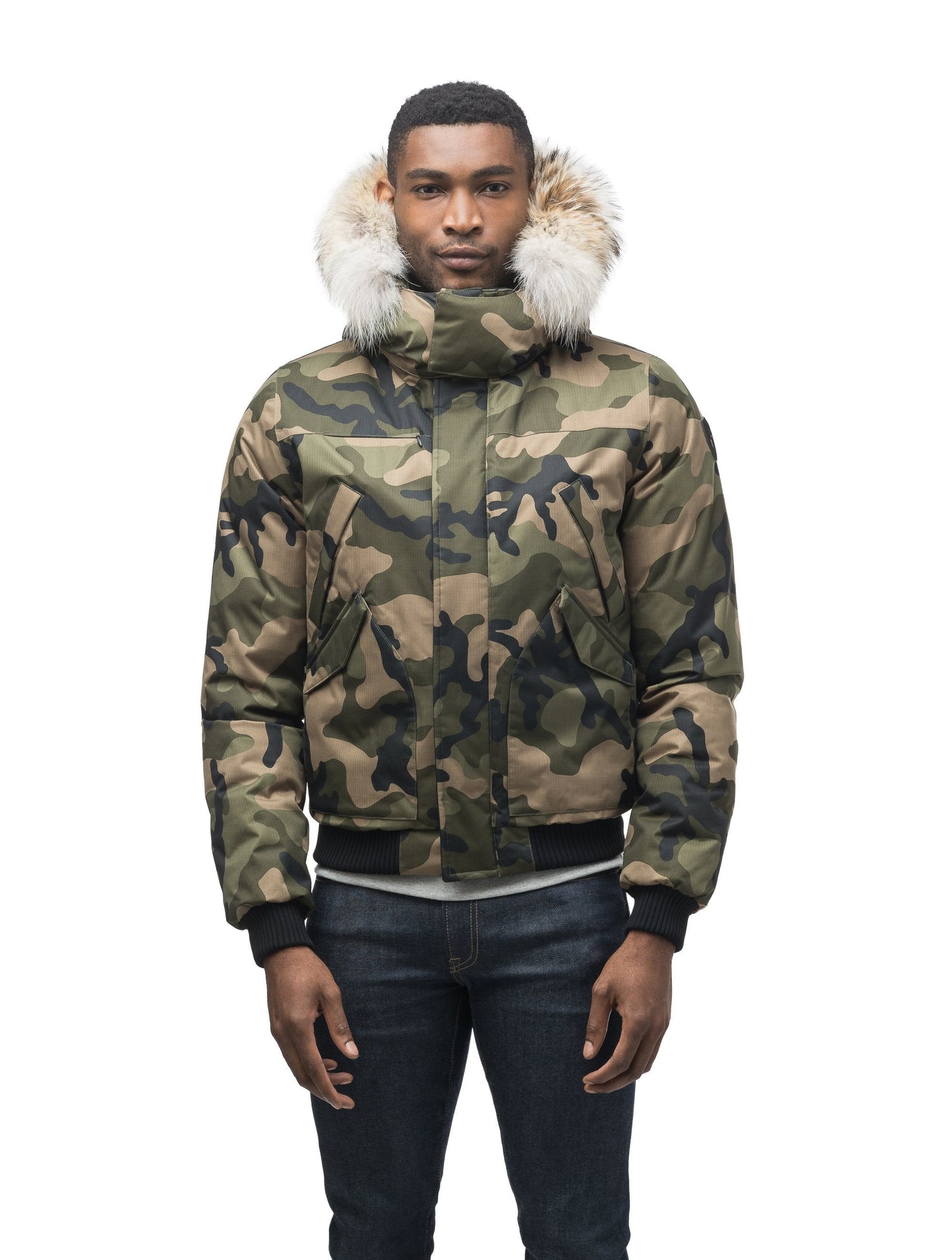 Men's classic down filled bomber jacket with a down filledÃƒÆ’Ã†â€™Ãƒâ€ Ã¢â‚¬â„¢ÃƒÆ’Ã‚Â¢ÃƒÂ¢Ã¢â‚¬Å¡Ã‚Â¬Ãƒâ€¦Ã‚Â¡ÃƒÆ’Ã†â€™ÃƒÂ¢Ã¢â€šÂ¬Ã…Â¡ÃƒÆ’Ã¢â‚¬Å¡Ãƒâ€šÃ‚Â hood that features a removable coyote fur trim and concealed moldable framing wire in Camo