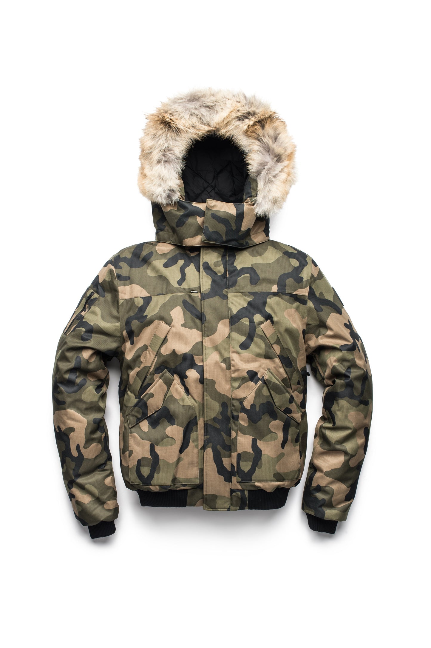 Men's classic down filled bomber jacket with a down filledÃƒÆ’Ã†â€™Ãƒâ€ Ã¢â‚¬â„¢ÃƒÆ’Ã‚Â¢ÃƒÂ¢Ã¢â‚¬Å¡Ã‚Â¬Ãƒâ€¦Ã‚Â¡ÃƒÆ’Ã†â€™ÃƒÂ¢Ã¢â€šÂ¬Ã…Â¡ÃƒÆ’Ã¢â‚¬Å¡Ãƒâ€šÃ‚Â hood that features a removable coyote fur trim and concealed moldable framing wire in Camo