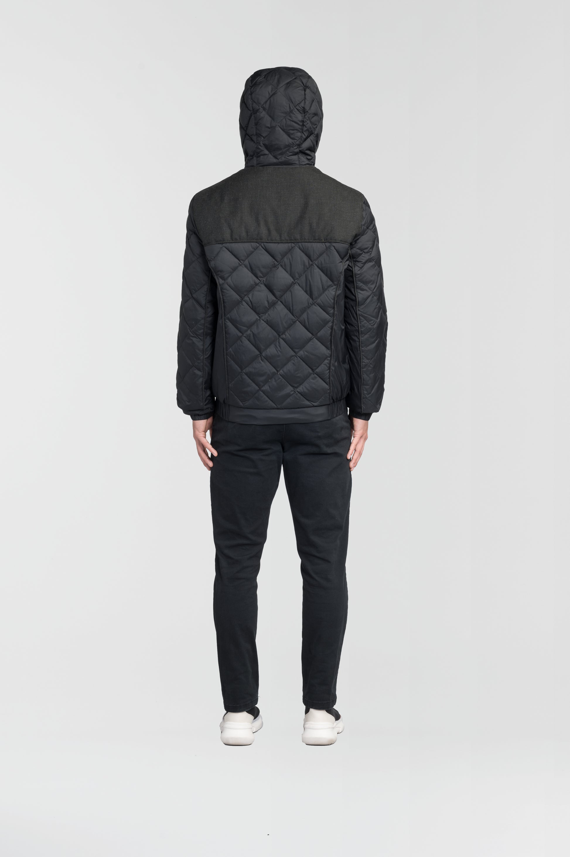 Men's lightweight quilted down hoodie in Black/H. Black