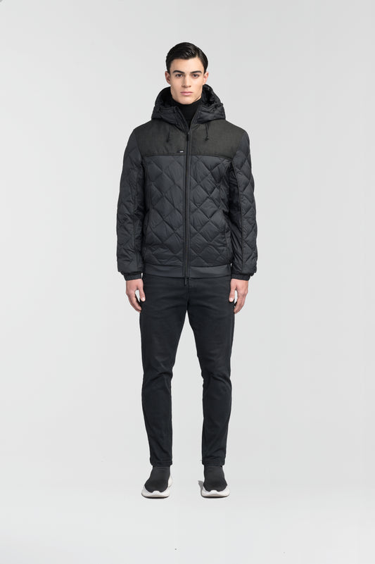 Men's lightweight quilted down hoodie in Black/H. Black + Black/H. Black