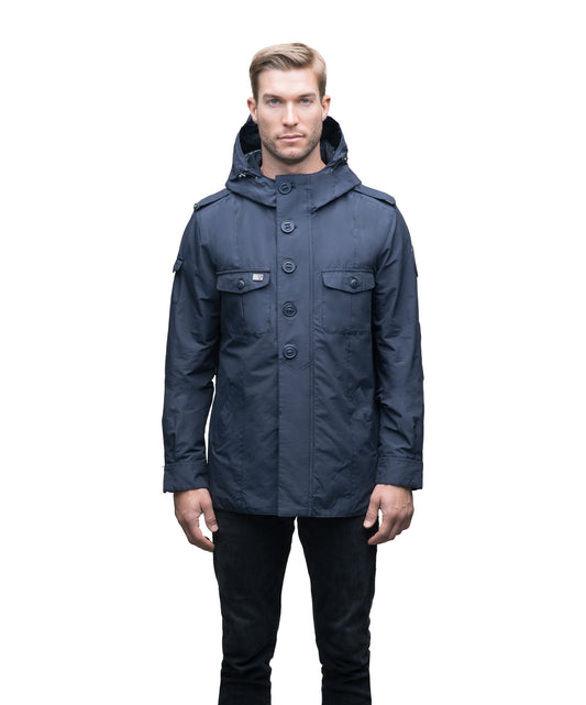 Men's hooded shirt jacket with patch chest pockets in Navy + Navy / XS