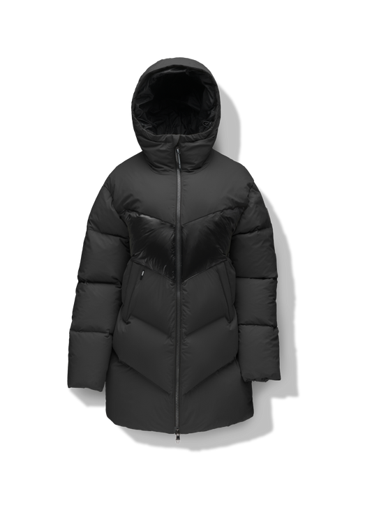Isla Women's Chevron Quilted Puffer Jacket in thigh length, premium technical nylon taffeta fabrication, Premium Canadian origin White Duck Down insulation, non-removable down-filled hood, two-way centre-front zipper, zipper pockets at waist, contrast cire technical nylon taffeta detailing on chest and back, in Black + Black