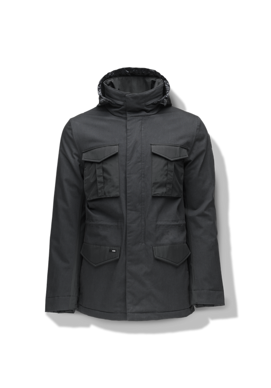 Pelican Men's Tailored Field Jacket in hip length, premium cotton blend and 3-ply micro denier fabrication, Premium Canadian origin White Duck Down insulation, tuck away, waterproof hood in premium cire technical nylon taffeta, two-way centre-front zipper with magnetic wind flap, pit zipper vents, magnetic closure chest and waist flap pockets, hidden adjustable waist drawcord, and action back detailing, in Black + Black