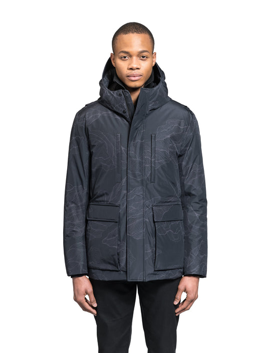Geo Men's Short Parka in hip length, Canadian duck down insulation, non-removable hood, and two-way zipper, in Dark Desert + Dark Desert