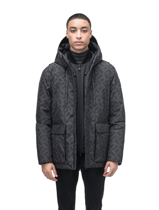Geo Men's Short Parka in hip length, Canadian duck down insulation, non-removable hood, and two-way zipper, in Dark Monogram + Dark Monogram
