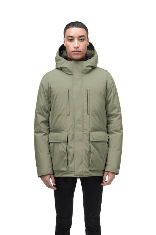 Geo Men's Short Parka in hip length, Canadian duck down insulation, non-removable hood, and two-way zipper, in Clover + Clover