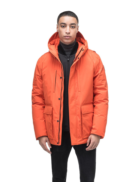 Geo Men's Short Parka in hip length, Canadian duck down insulation, non-removable hood, and two-way zipper, in Terracotta + Terracotta