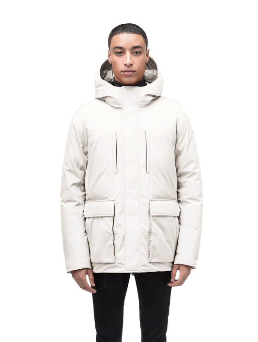 Geo Men's Short Parka in hip length, Canadian duck down insulation, non-removable hood, and two-way zipper, in Wheat + Wheat