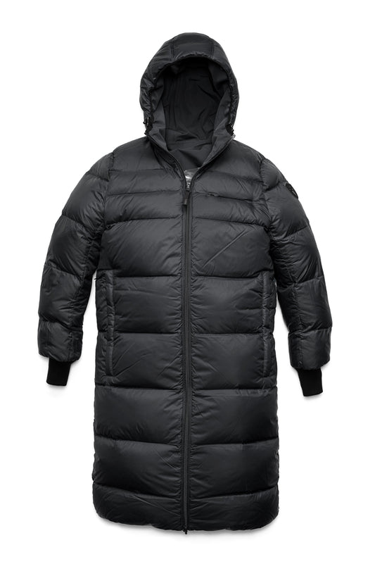 Ladies knee length reversible down-filled parka with non-removable hood in White Floral + Black