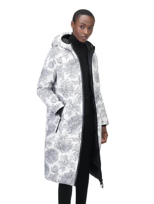 Ladies knee length reversible down-filled parka with non-removable hood in White Floral + White Floral