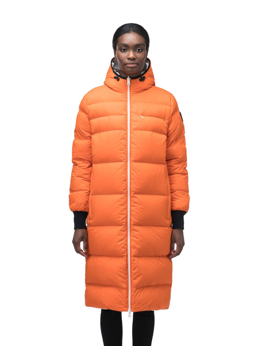Ladies knee length reversible down-filled parka with non-removable hood in Chalk/Atomic + Chalk/Atomic