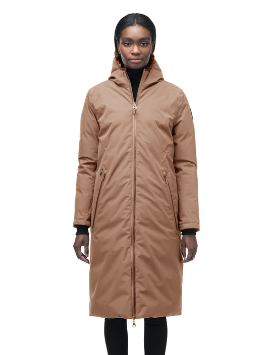 Ladies knee length reversible down-filled parka with non-removable hood in Fawn + Fawn