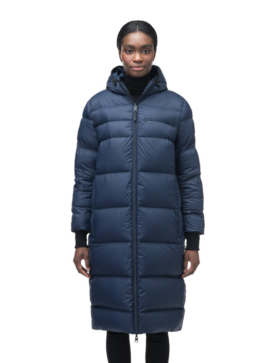 Ladies knee length reversible down-filled parka with non-removable hood in Marine + Marine