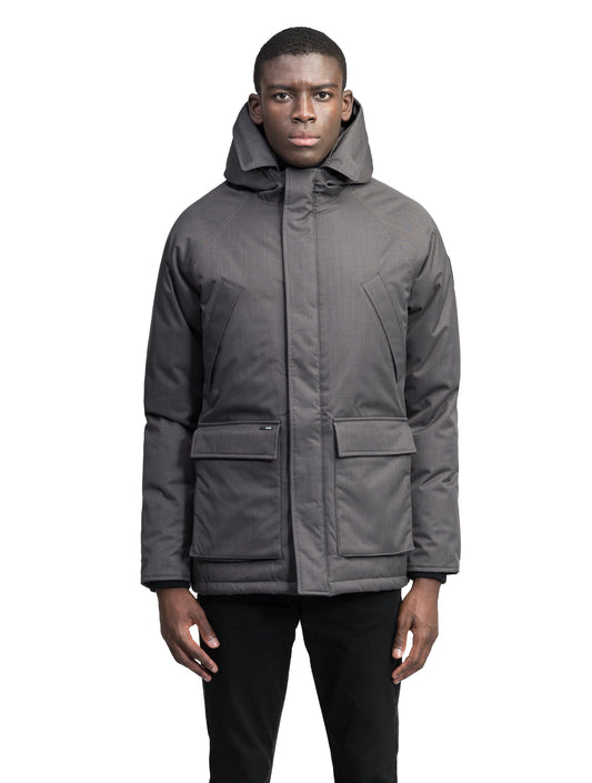 Heritage Furless Men's Parka in hip length, Canadian white duck down insulation, non-removable hood, front zipper with magnetic placket, chest hand warmer pockets, waist flap pockets, and elastic cuffs, in Steel Grey + Steel Grey