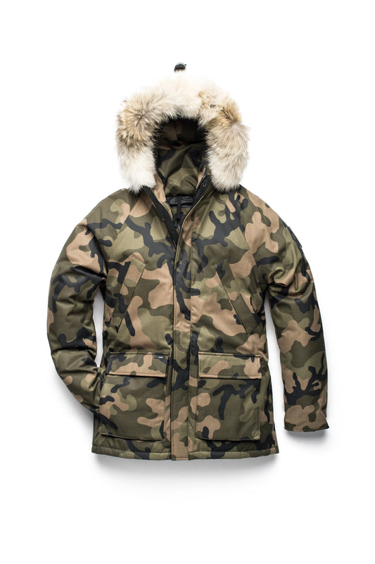 Men's waist length down filled jacket with two front pockets with magnetic closure and a removable fur trim on the hood in CH Camo + CH Camo