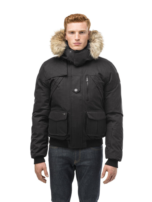 Men's classic down bomber with two patch pockets and a right shoulder storm flap in CH Black + CH Black