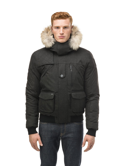 Men's classic down bomber with two patch pockets and a right shoulder storm flap in H. Black + H. Black