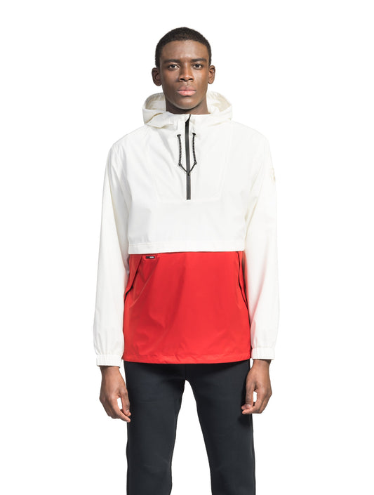 Men's hip length hooded pullover anorak with zipper at collar in Chalk/Vermillion + Chalk/Vermillion