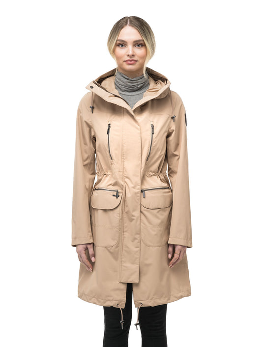 Women's knee length anorak with four front pockets and adjustable cord waist in Fawn + Fawn / XXS