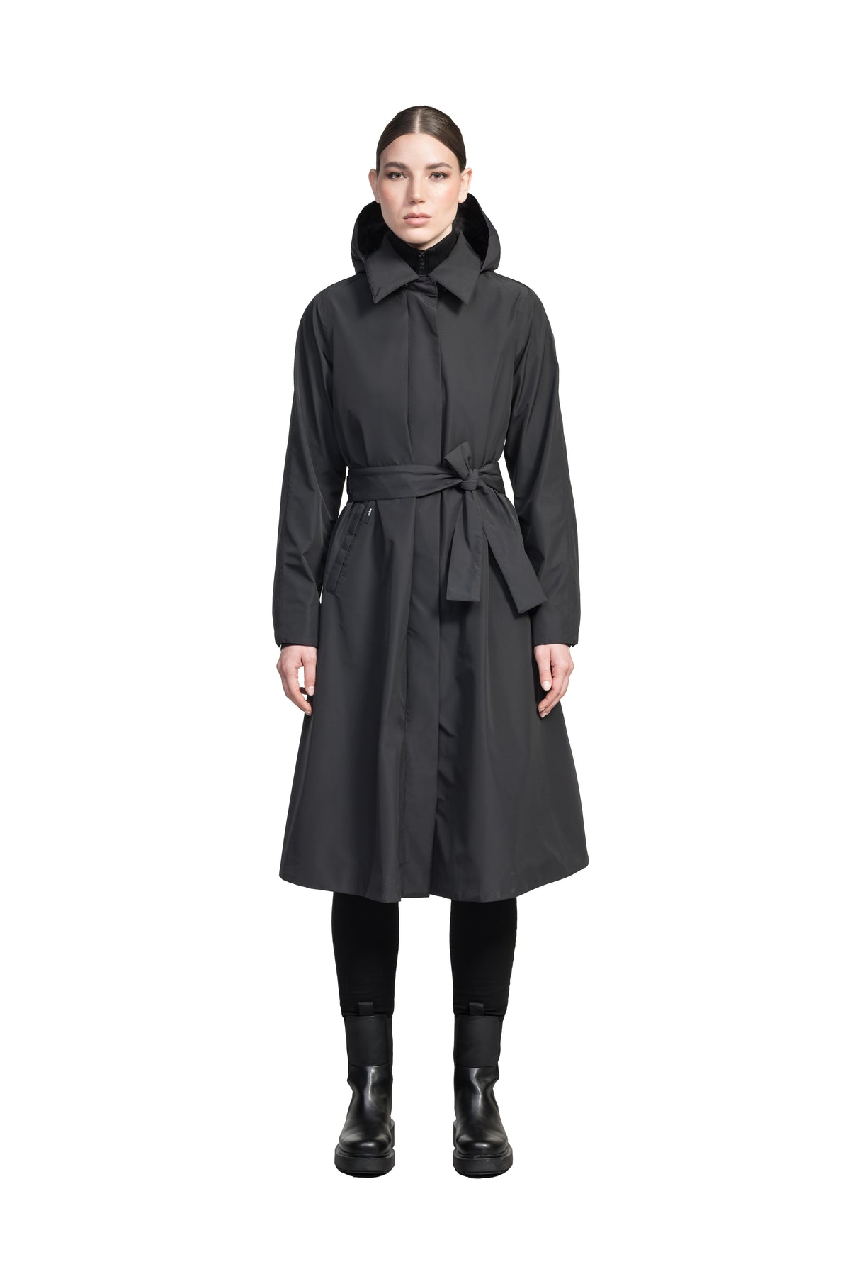 Ivy Ladies Tailored Trench Coat in knee length, 3-Ply Micro Denier fabrication, retractable non-removable hood, front wind flap with snap button closure, removable belt, and adjustable snap cuffs, in Black