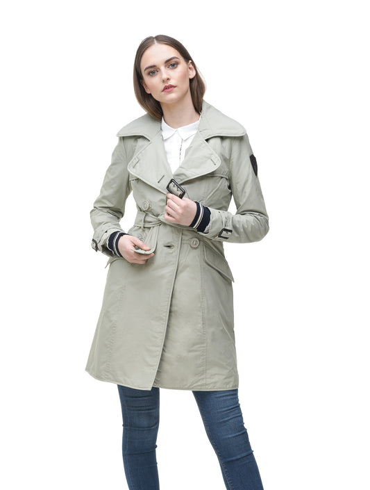 Women's classic trench coat that falls just above the knee in Lt Grey + Lt Grey