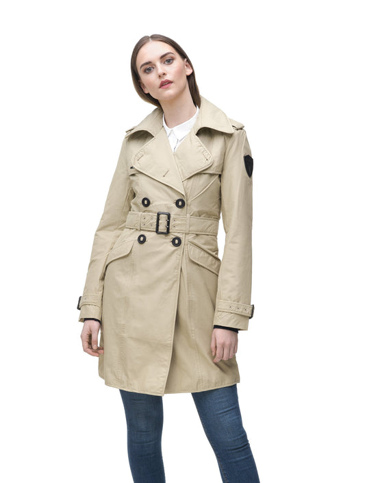 Women's classic trench coat that falls just above the knee in Tan + Tan